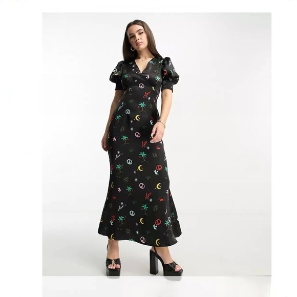 Never Fully Dressed Dresses & Skirts - NWT Never Fully Dressed Puff Sleeve Maxi in Neon Paradise Print - Size  6 Petite